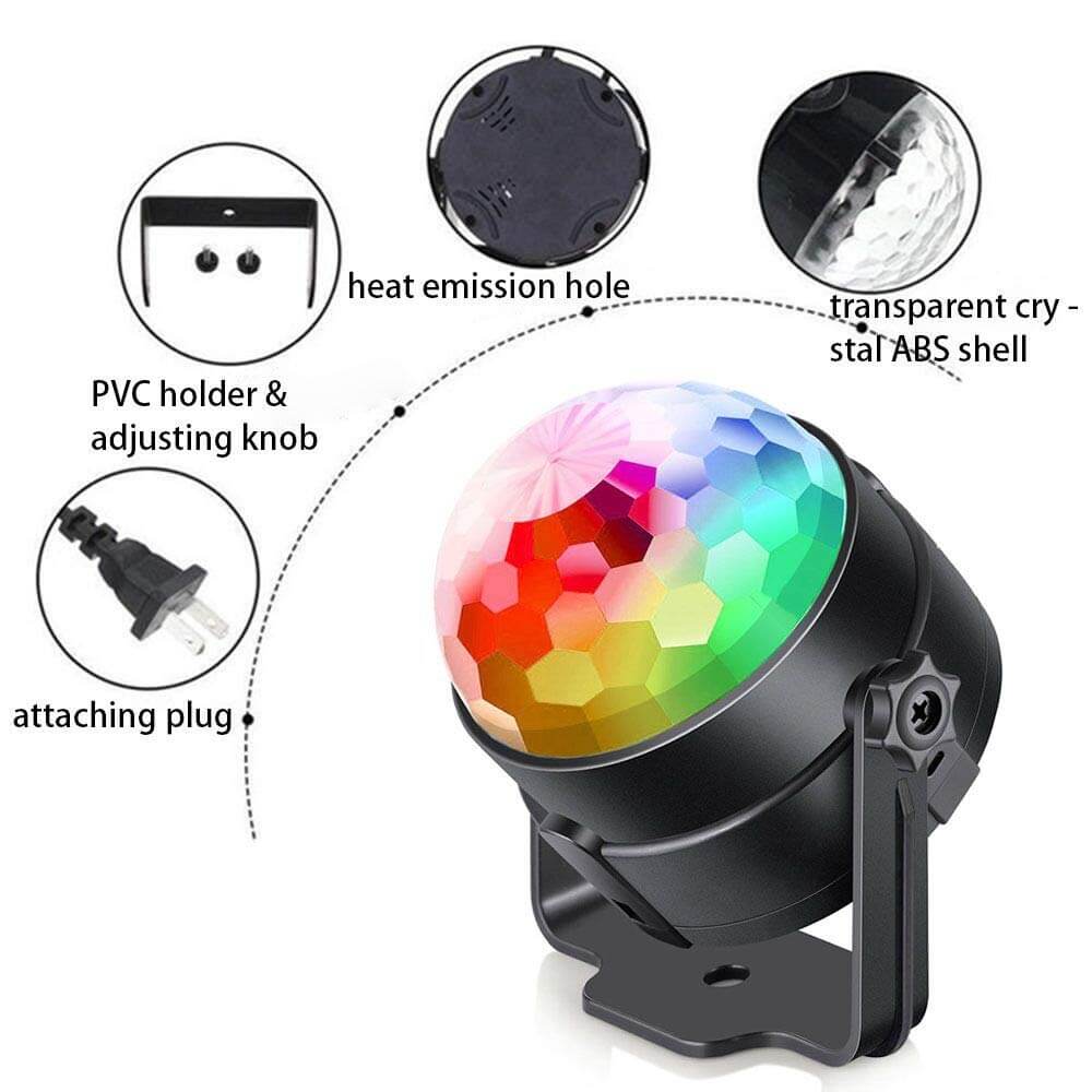Close-up of adjustable LED disco lights projector with rainbow-colored lens, showing mounting options, heat dissipation vents, and base design