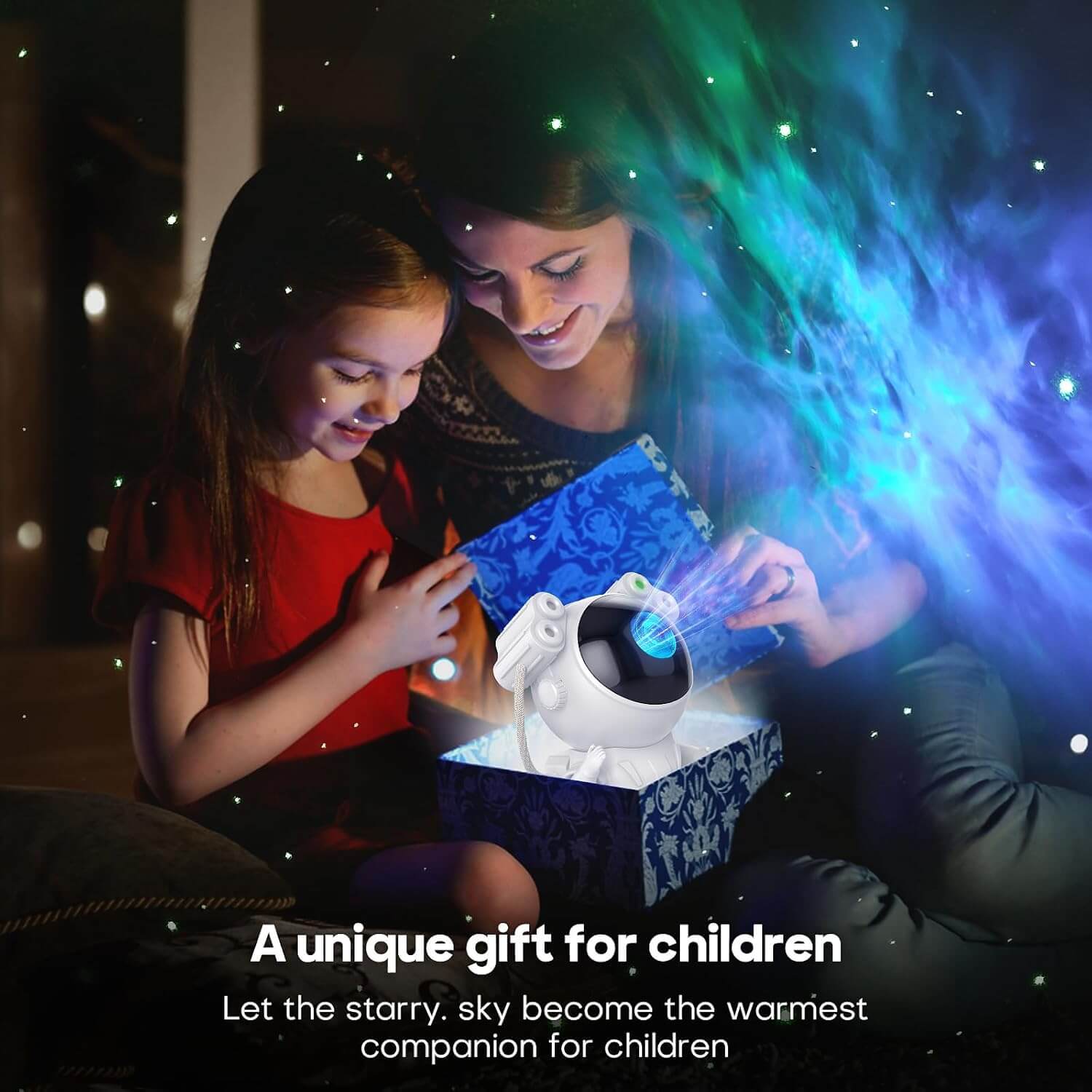 Father and daughter playing with an astronaut galaxy projector, watching colorful lights and stars projected onto the wall in a dark room.