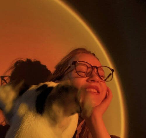 Person relaxing with a cat in front of a wall illuminated by a sunset lamp, casting a warm orange and red glow for a cozy and peaceful vibe.