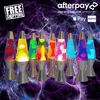 Collection of colorful lava lamps glowing in a row against a purple galaxy-themed background, showcasing a variety of vibrant lighting options